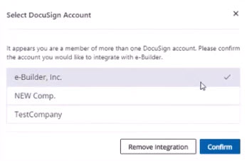 Select DocuSign Account to associate with e-Builder
